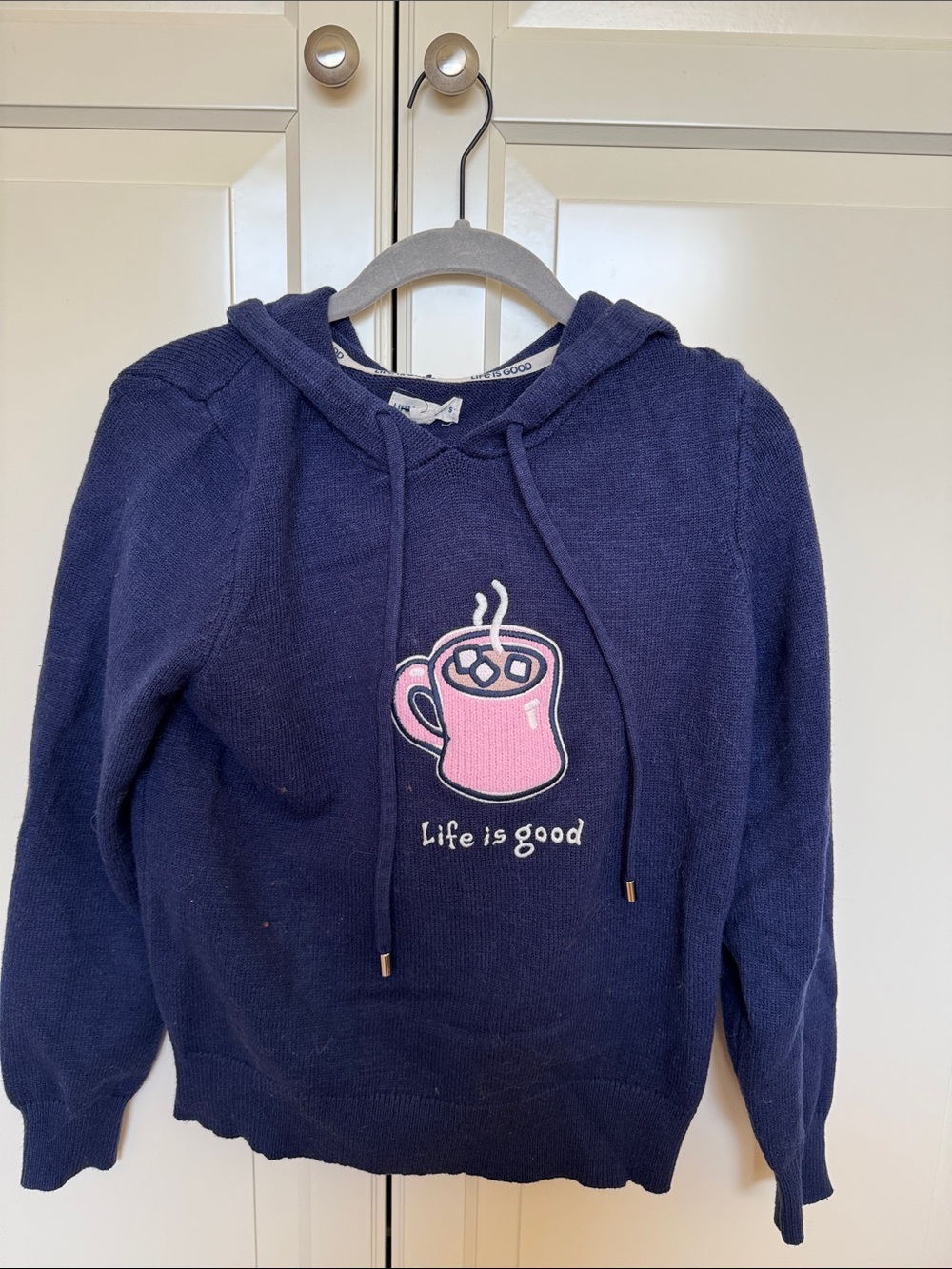 Life Is Good Navy Hoodie with Pink Mug Patch